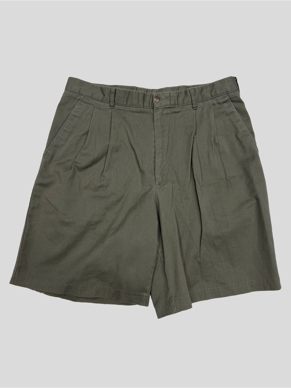 Men's Vintage Pleat Olive Green Flat Front Cotton Business Slack Shorts Size 35